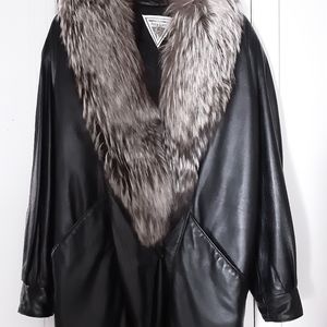 Black Leather Fox collar Coat